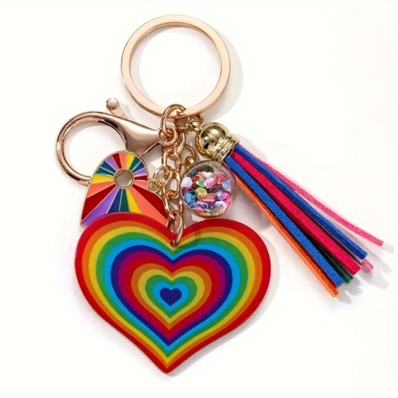 NEW! Rainbow Heart with Faux Leather Tassel Keychain / Purse Charm / Bag Charm! - Picture 1 of 4